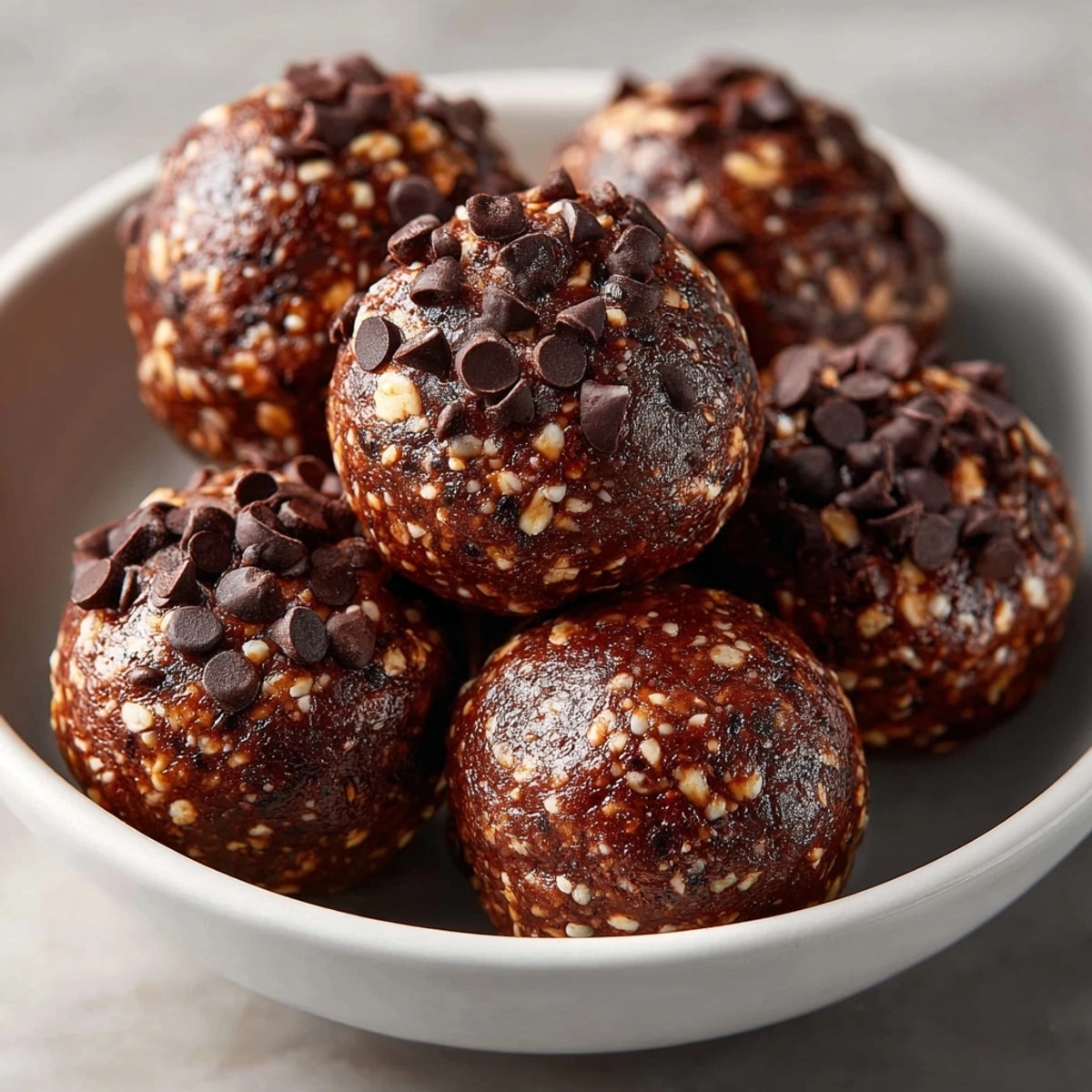 Chocolate Protein Energy Bites arranged on a white plate, glistening with rich chocolate and oat texture.