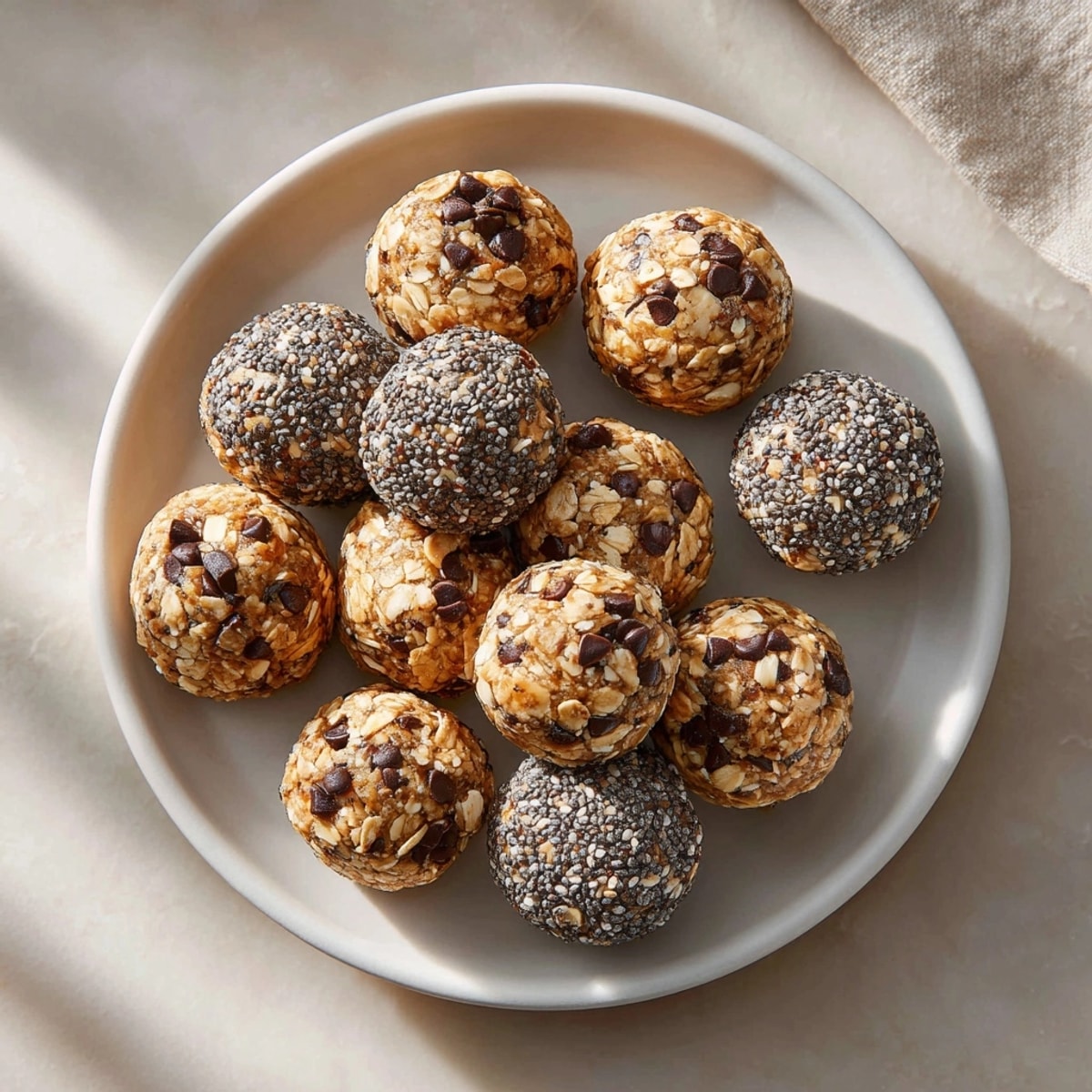 Healthy chocolate protein energy bites stacked on parchment, highlighting smooth nut butter and chocolate chips.