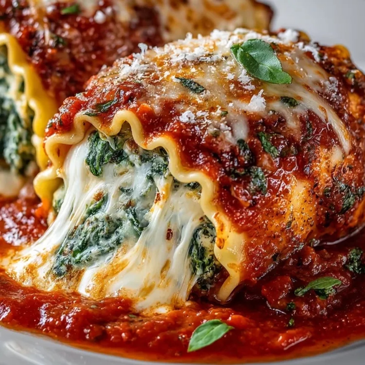 Ricotta spinach lasagna rolls nestled in marinara sauce, topped with golden, melted mozzarella cheese.