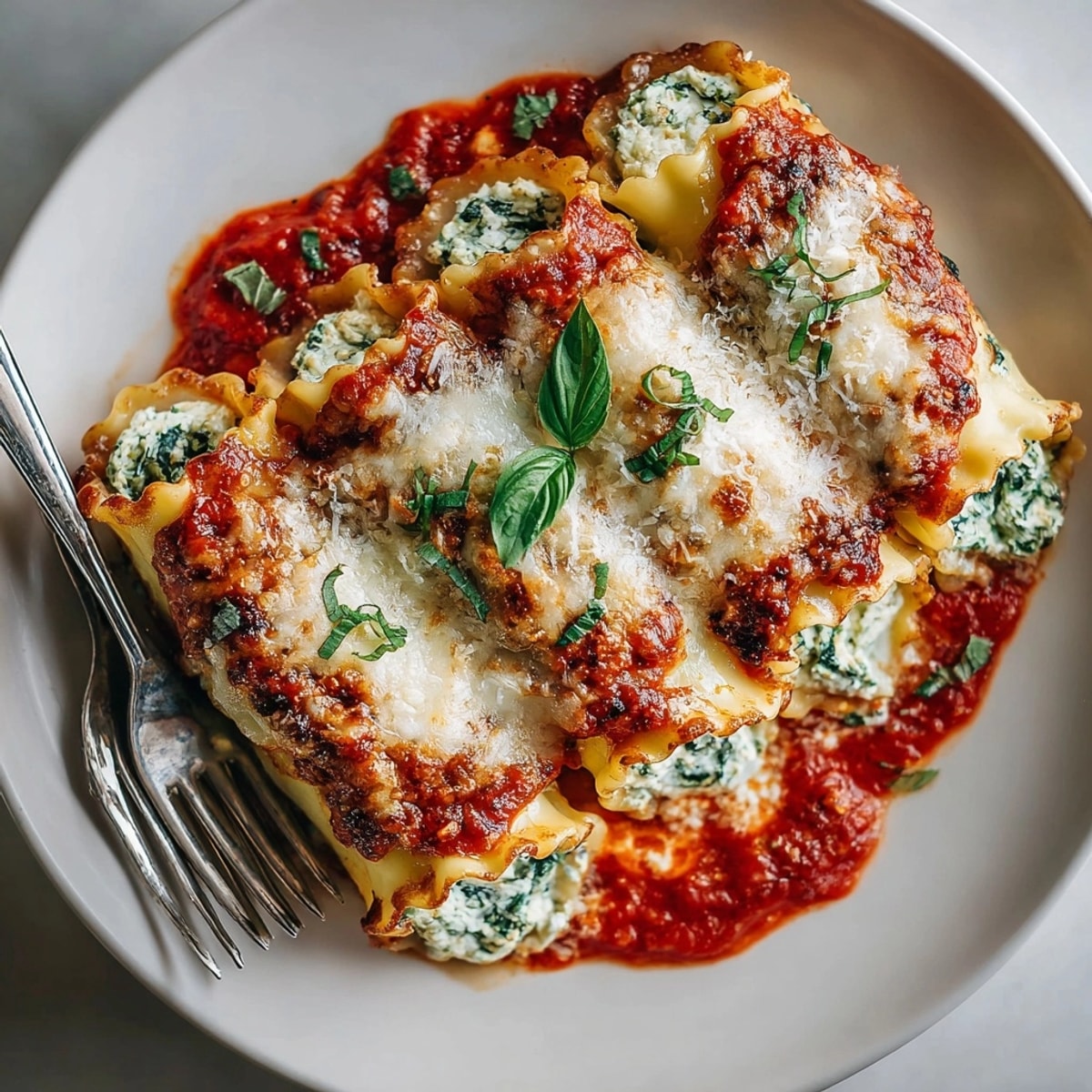 Hearty ricotta spinach lasagna rolls arranged in a casserole dish, perfect for an Italian-inspired family dinner.
