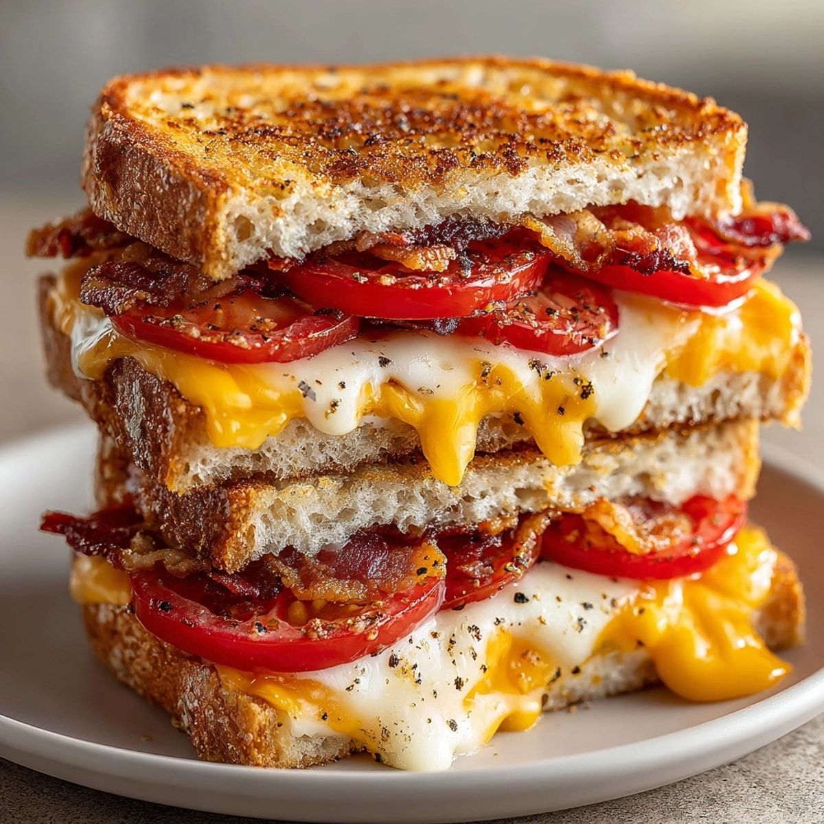Grilled cheese with bacon and tomato, melty cheddar and crisp bacon on toasted bread.
