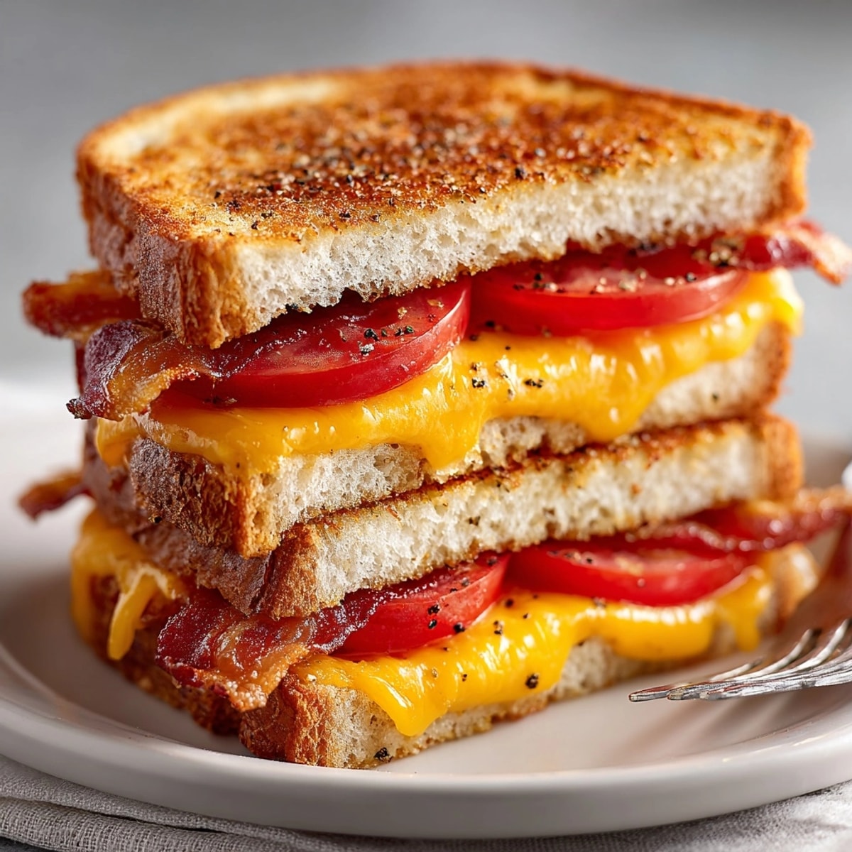 Golden grilled cheese with bacon and tomato, sandwich cut and served warm for lunch.