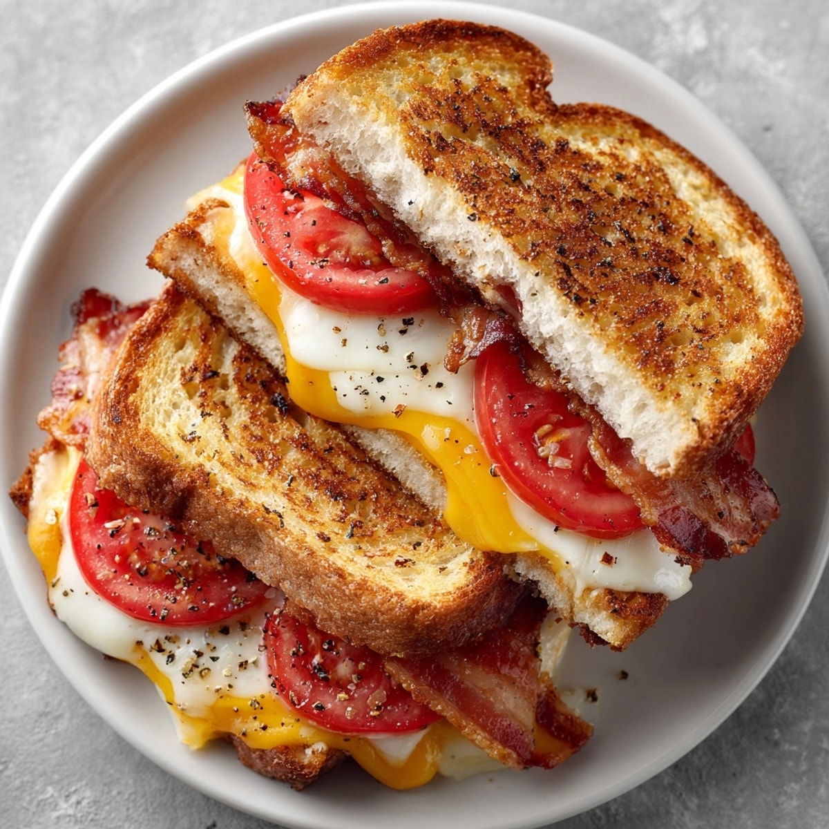 Close-up of grilled cheese with bacon and tomato, gooey cheese stretching between toasted slices.
