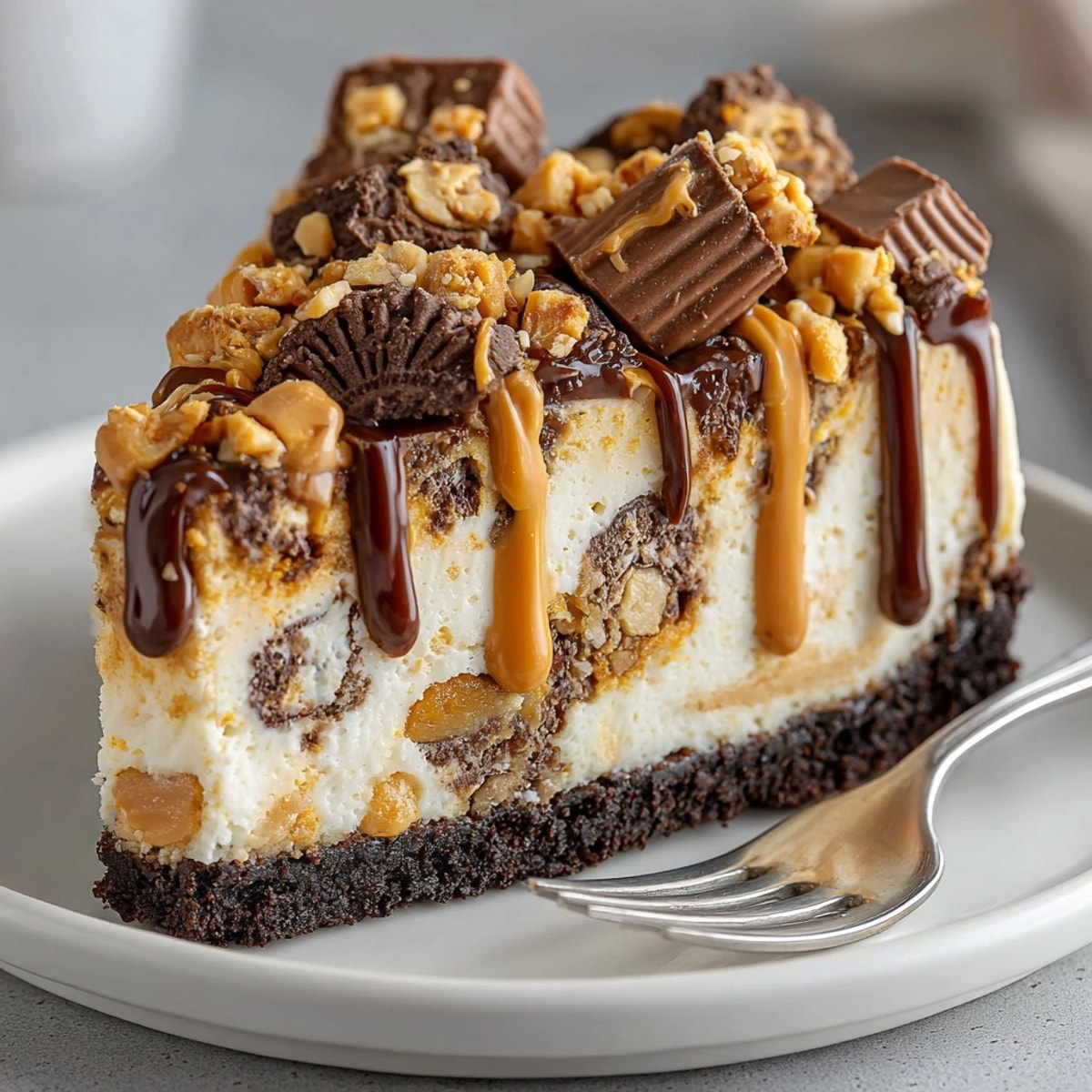 Peanut Butter Cup Cheesecake topped with chocolate drizzle and extra mini peanut butter cups.