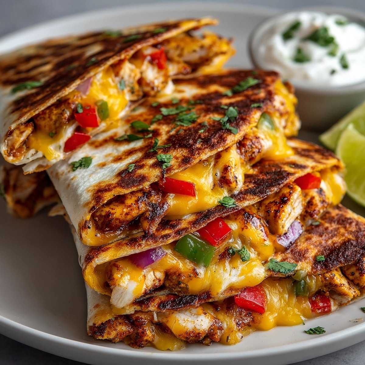 Golden-brown Cajun chicken quesadillas sliced and served with creamy sour cream and salsa.