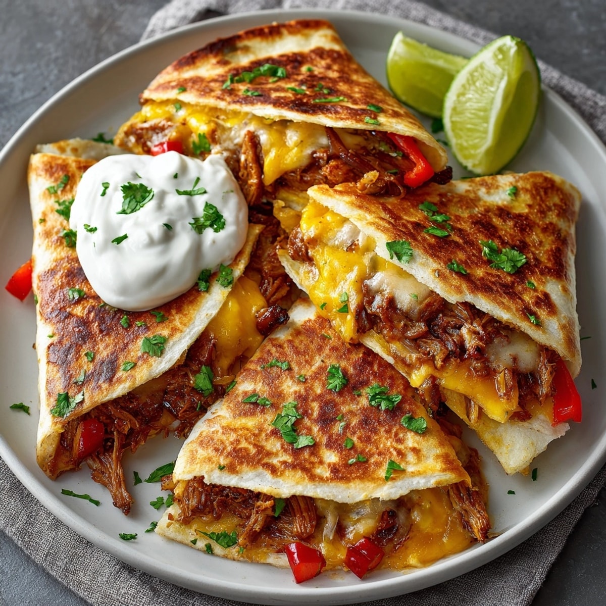 Crispy Cajun chicken quesadillas filled with melty cheese, colorful peppers, and fresh cilantro.