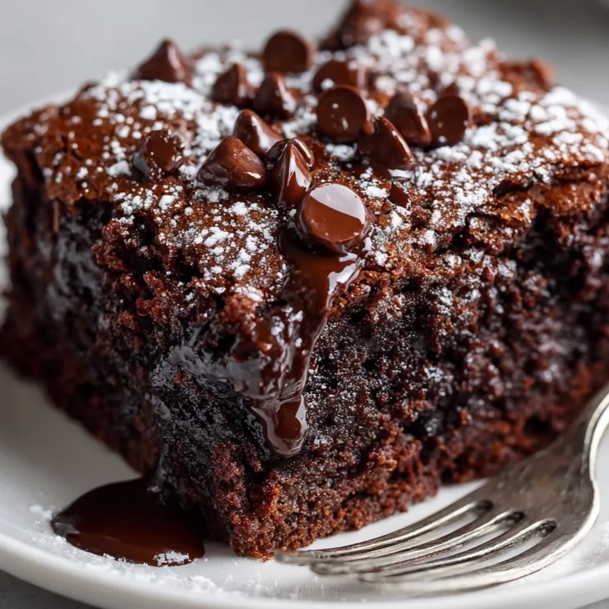 Freshly baked chocolate avocado brownies with a glossy top and gooey, fudgy center.