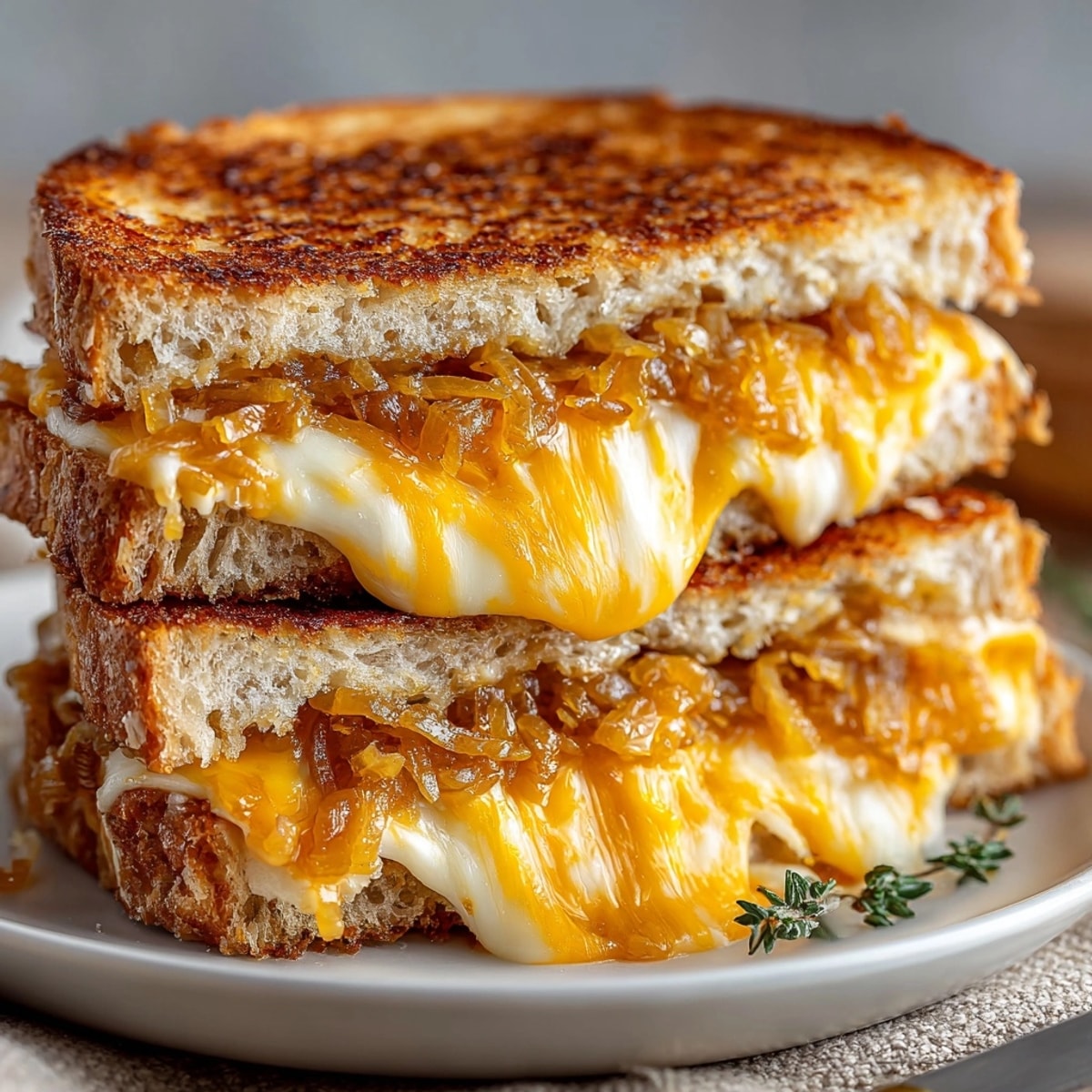 Grilled cheese with caramelized onions on golden sourdough, melted cheese oozing between layers.