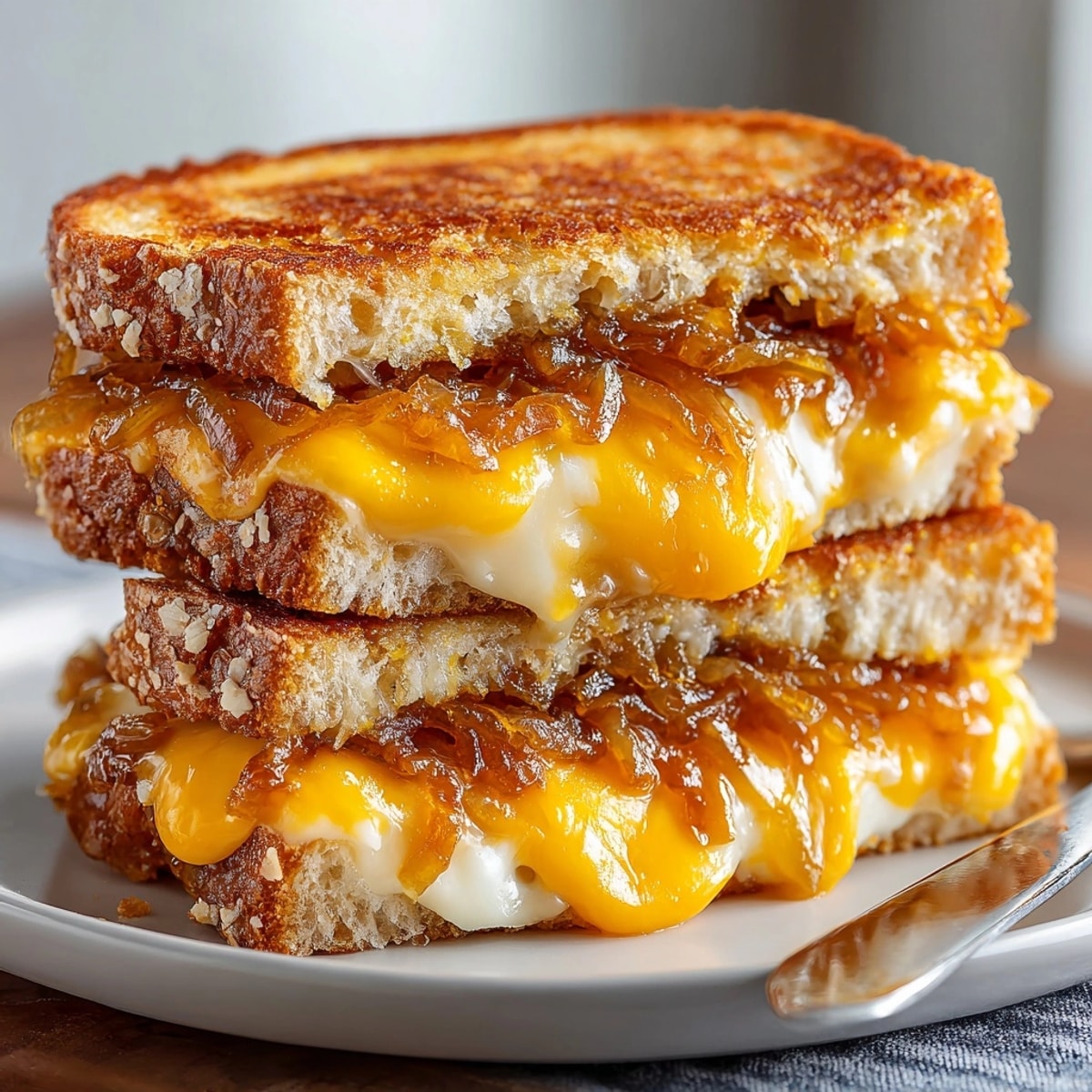 A comforting grilled cheese with caramelized onions, sliced and ready with gooey cheese inside.