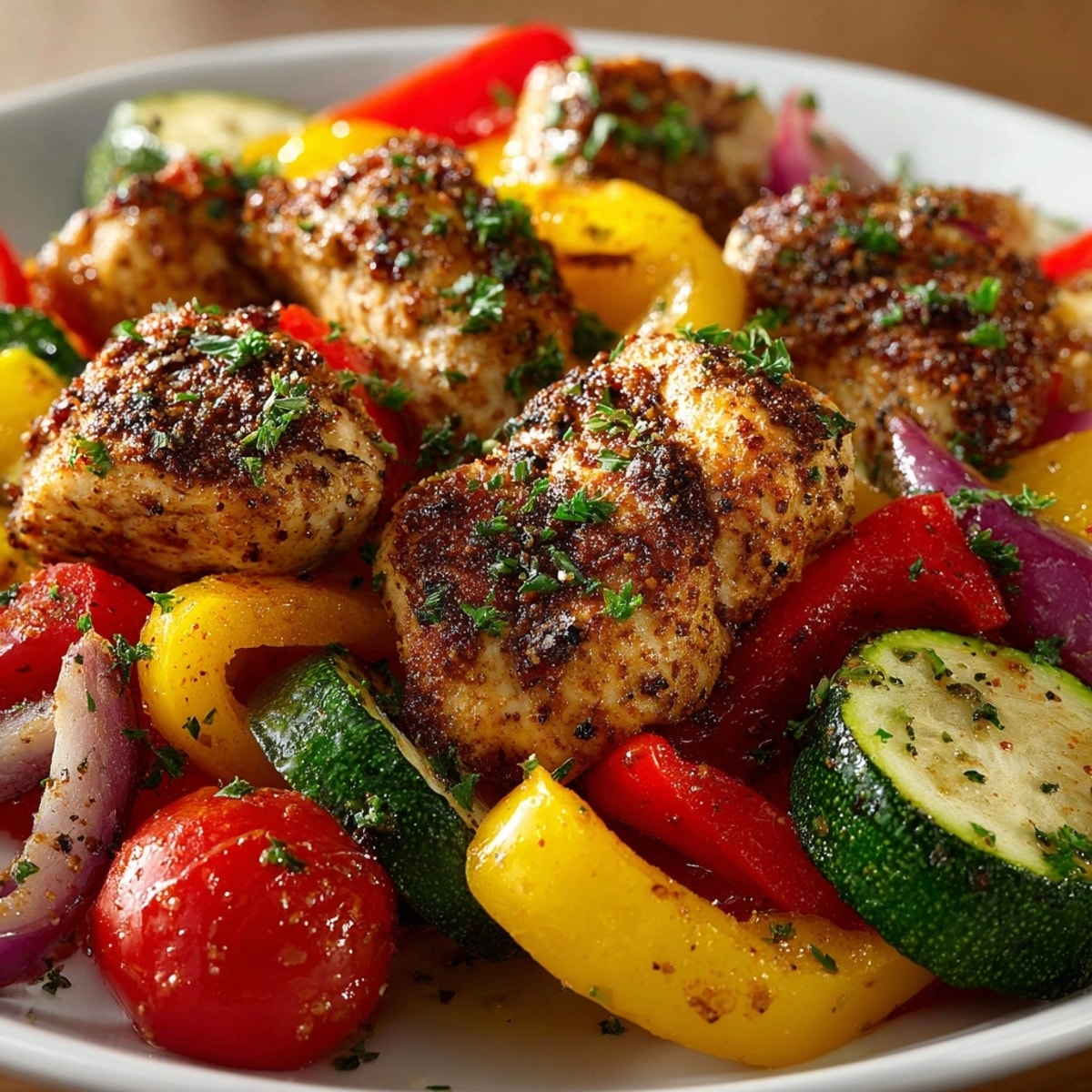 Colorful Cajun Chicken and Vegetable Skillet sizzles in a rustic pan, ready for serving.