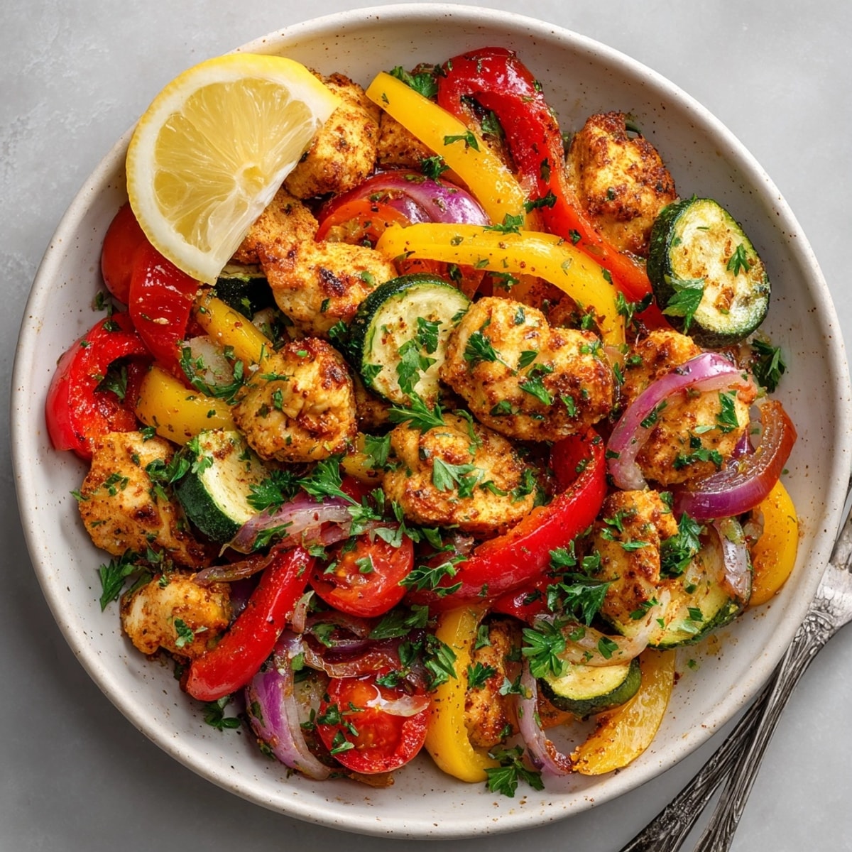 Close-up of Cajun Chicken and Vegetable Skillet with crisp vegetables and zesty lemon wedges on the side.