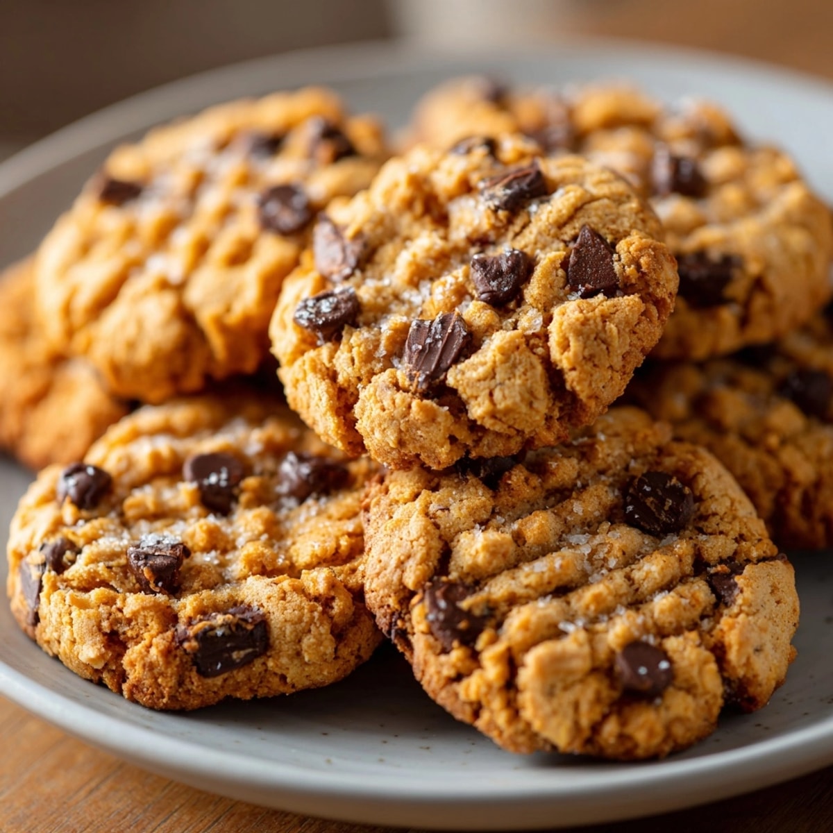Freshly baked peanut butter oatmeal cookies cooling on a wire rack, golden and chewy.