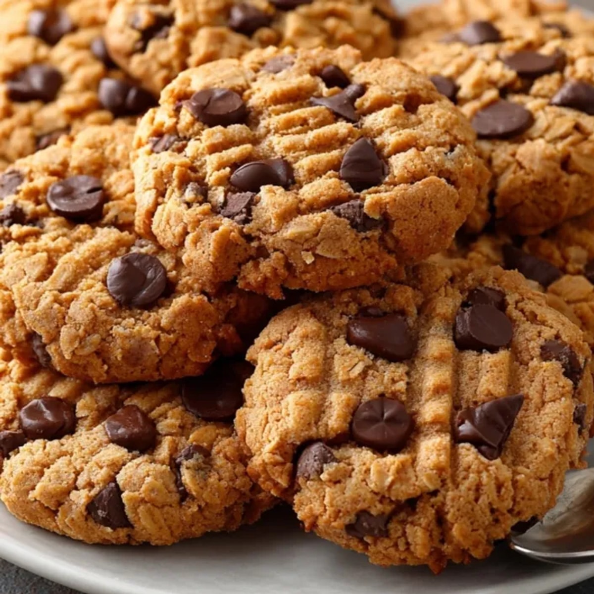 Close-up of homemade peanut butter oatmeal cookies with a soft center and crisp edges.