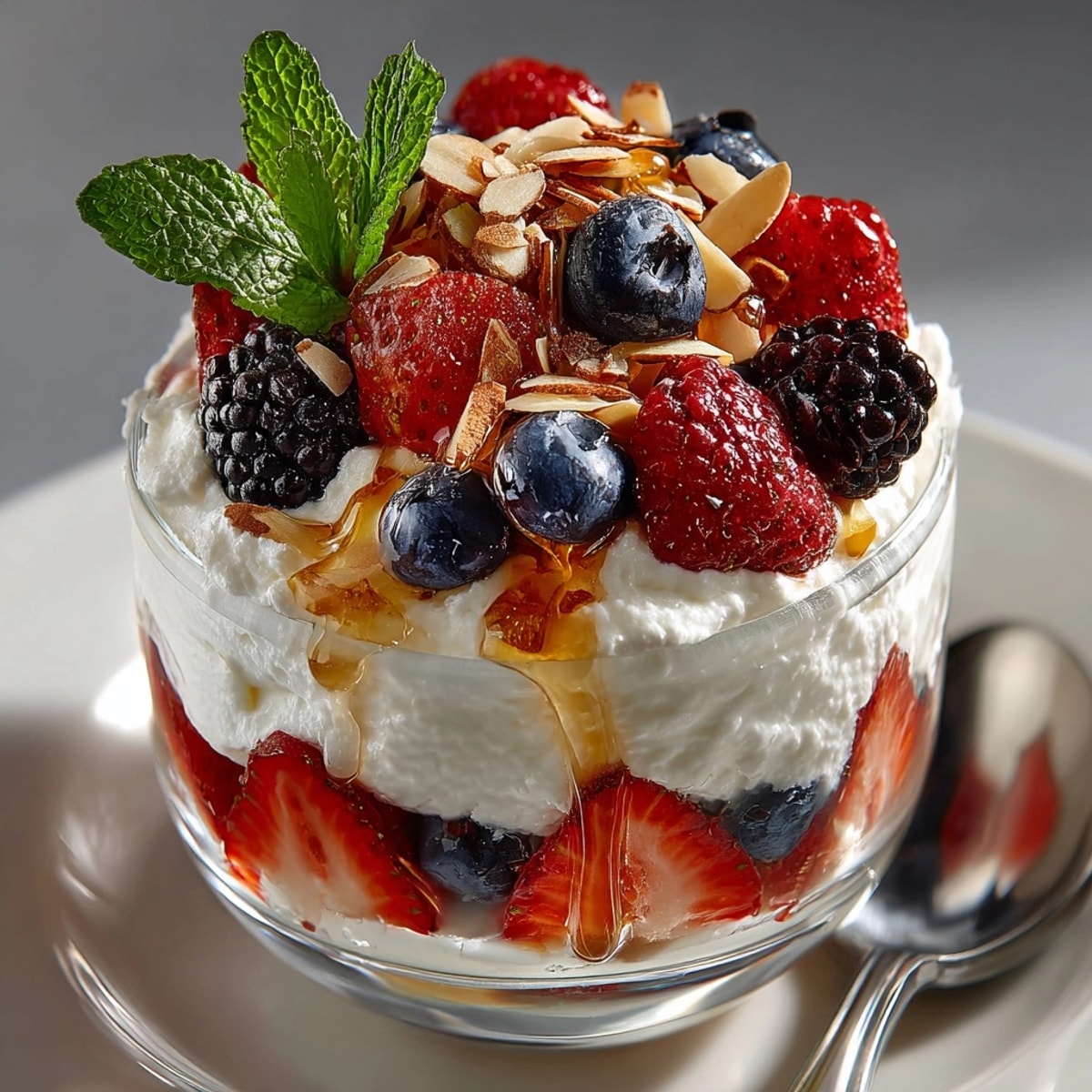 Creamy ricotta berry parfait layered with fresh berries and honey in elegant glass cups.