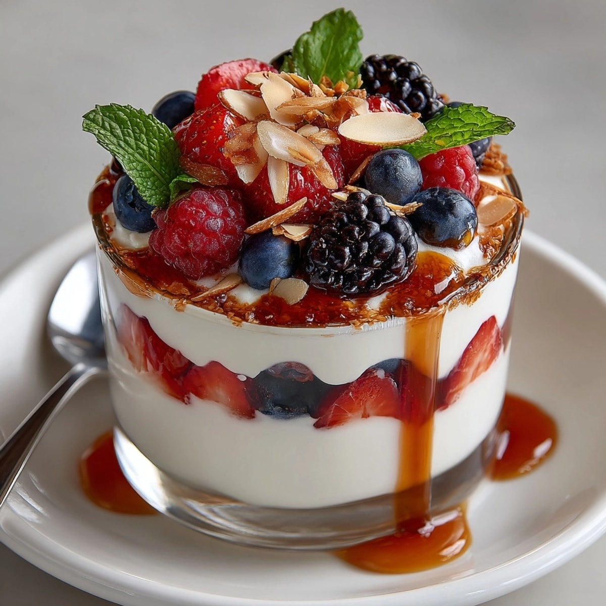 Close-up of ricotta berry parfait showing whipped ricotta, mixed berries, and honey drizzle.