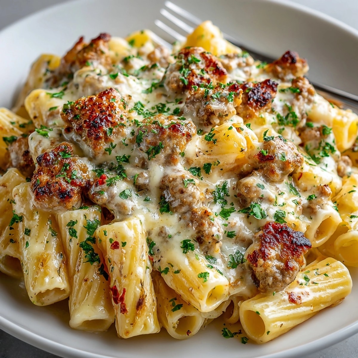 Cheesy Ground Turkey Pasta with golden, bubbling cheese and fresh herbs served in a skillet.