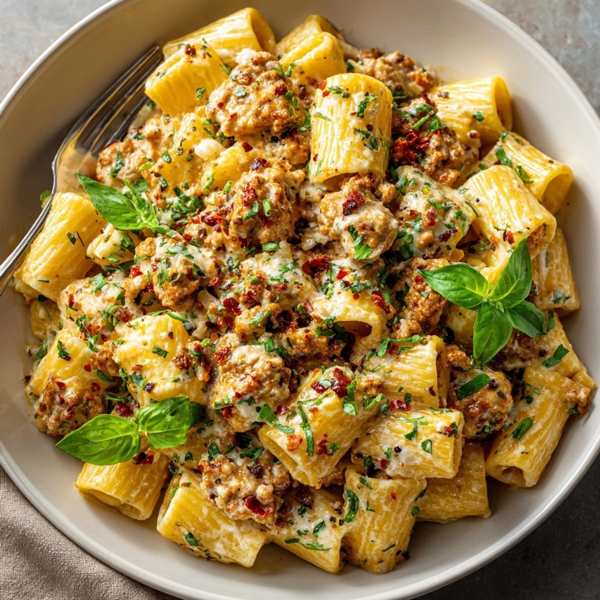 Creamy Cheesy Ground Turkey Pasta topped with melted cheddar and sprinkled parsley on a white plate.