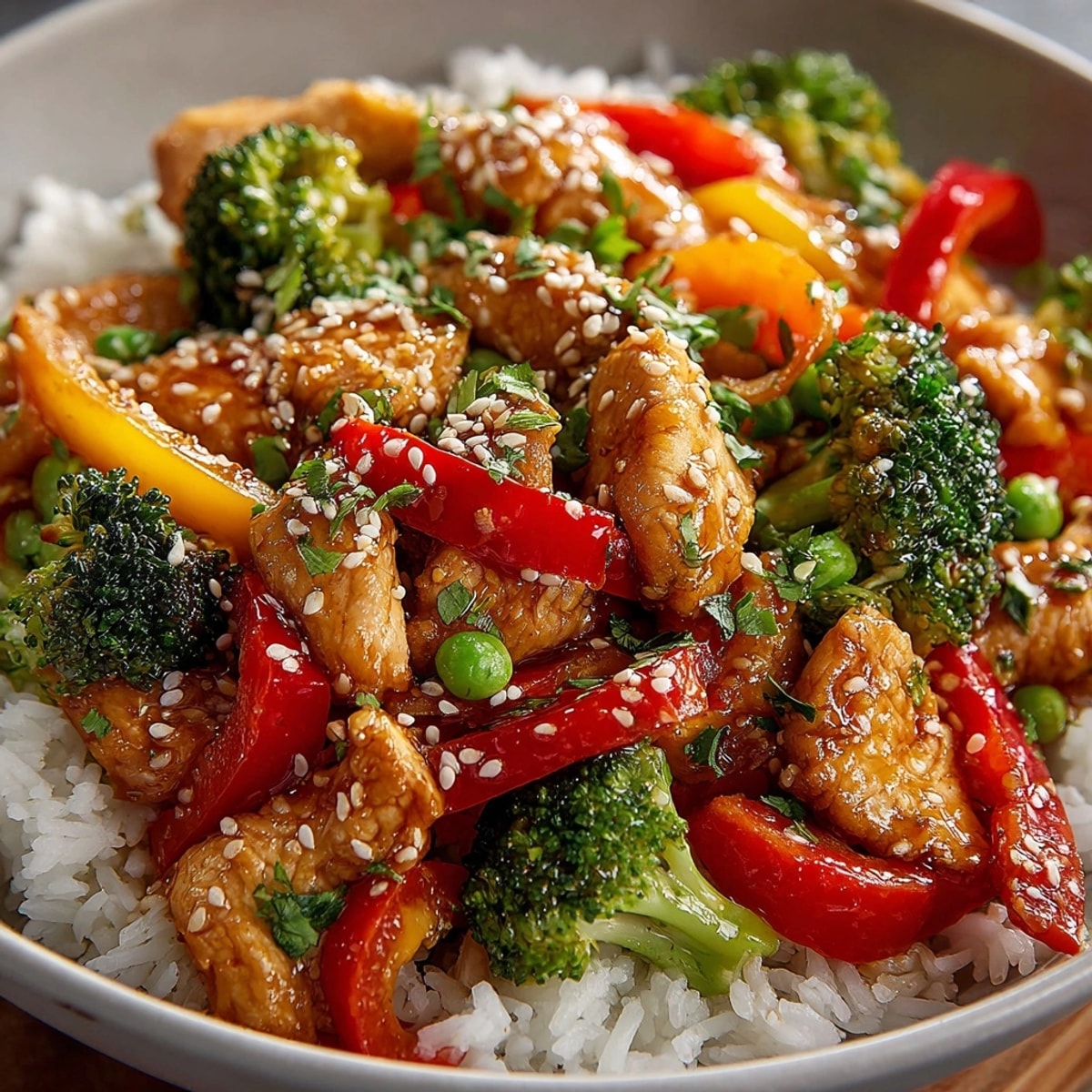 No-Fuss 20-Minute Stir-Fry served over fluffy white rice, garnished with sesame seeds.