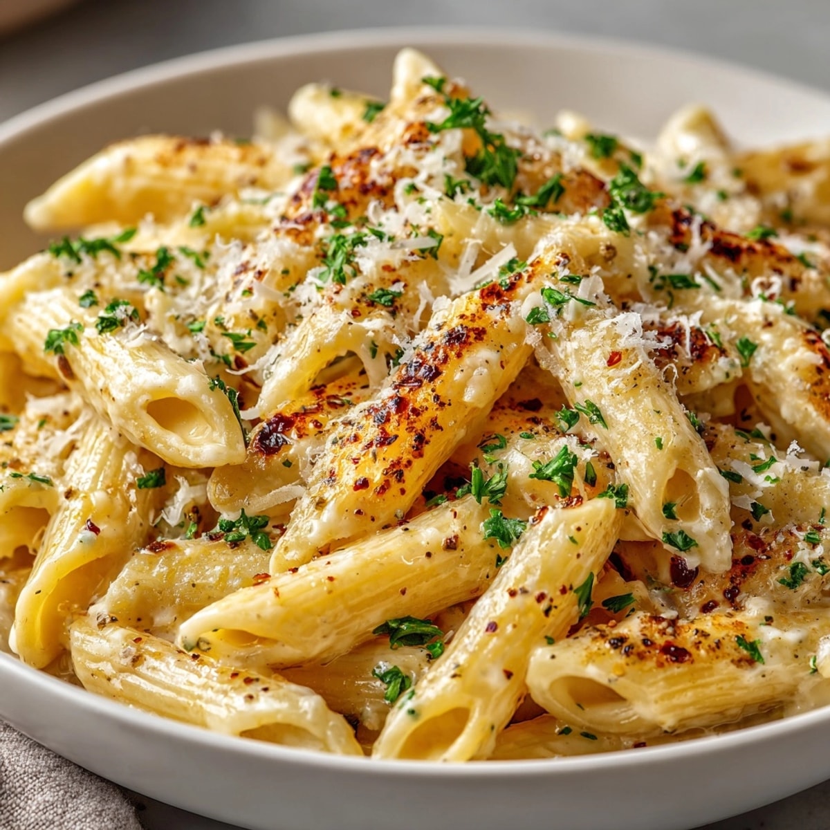 Creamy Garlic Penne Pasta served in a white bowl, topped with fresh parsley and extra Parmesan.