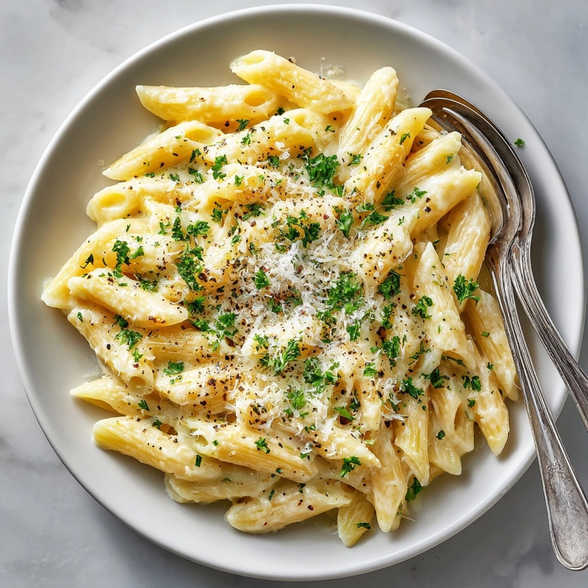 Steaming creamy garlic penne pasta garnished with chopped herbs, inviting comfort and indulgence.