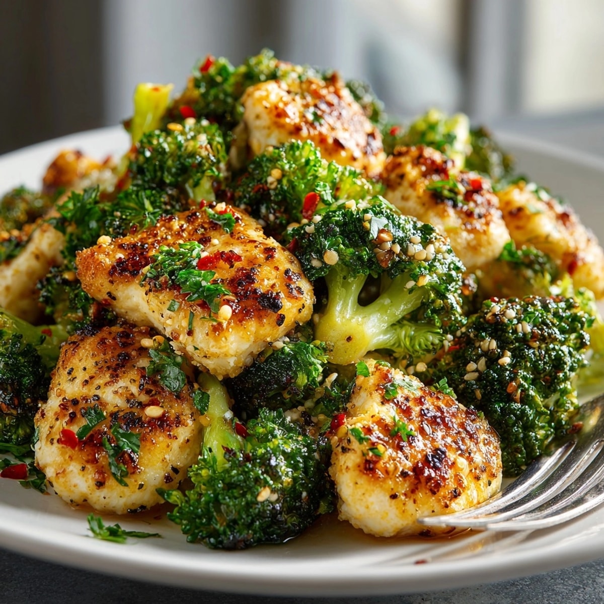 Garlic Butter Chicken & Broccoli served hot in a skillet with golden brown chicken and vibrant green broccoli.