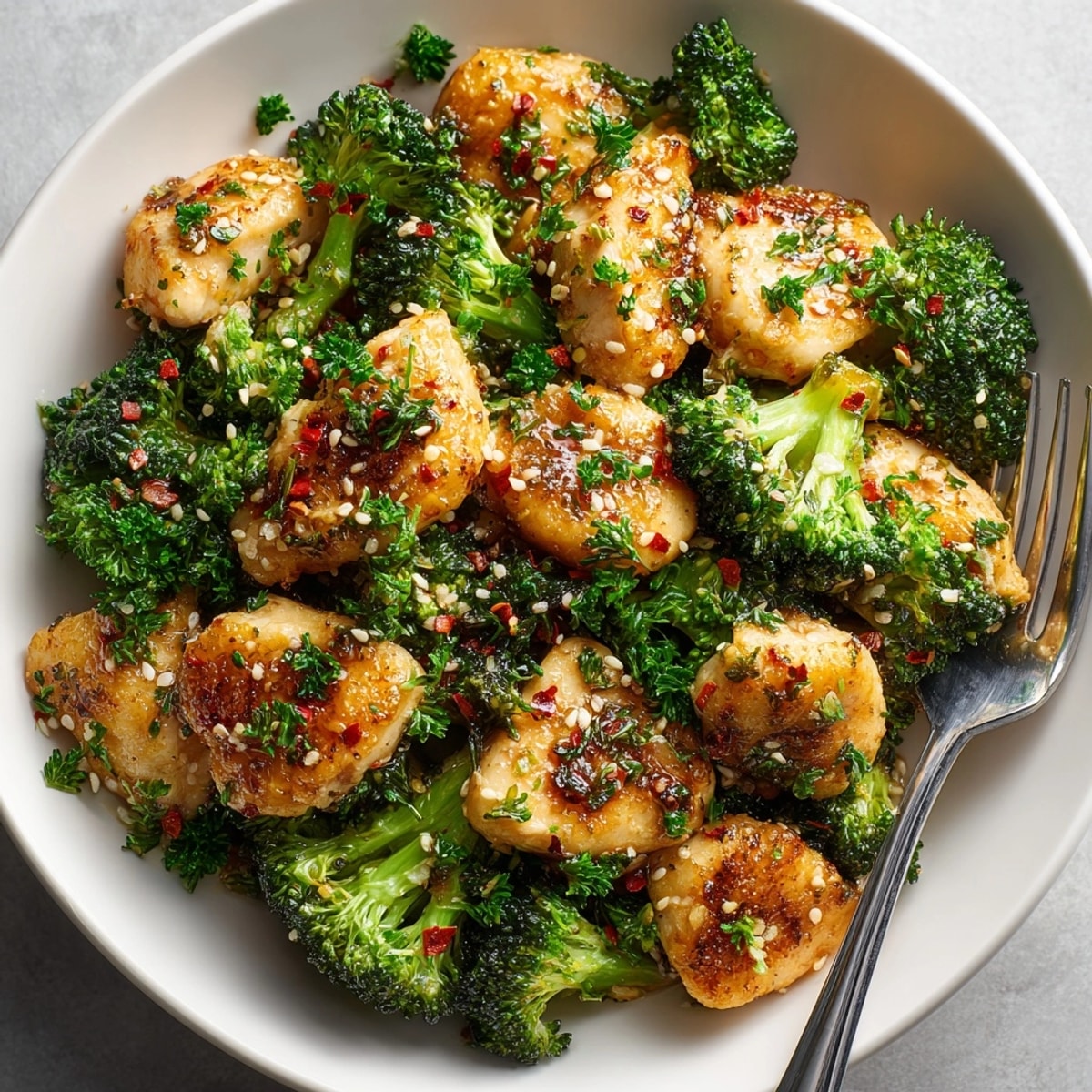 Steaming Garlic Butter Chicken &amp; Broccoli garnished with fresh parsley, perfect for a quick weeknight dinner.