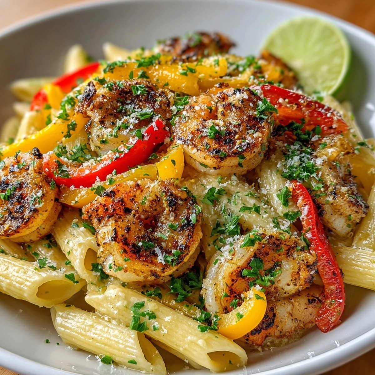 Creamy Jamaican Shrimp Rasta Pasta loaded with colorful peppers and succulent shrimp in creamy sauce