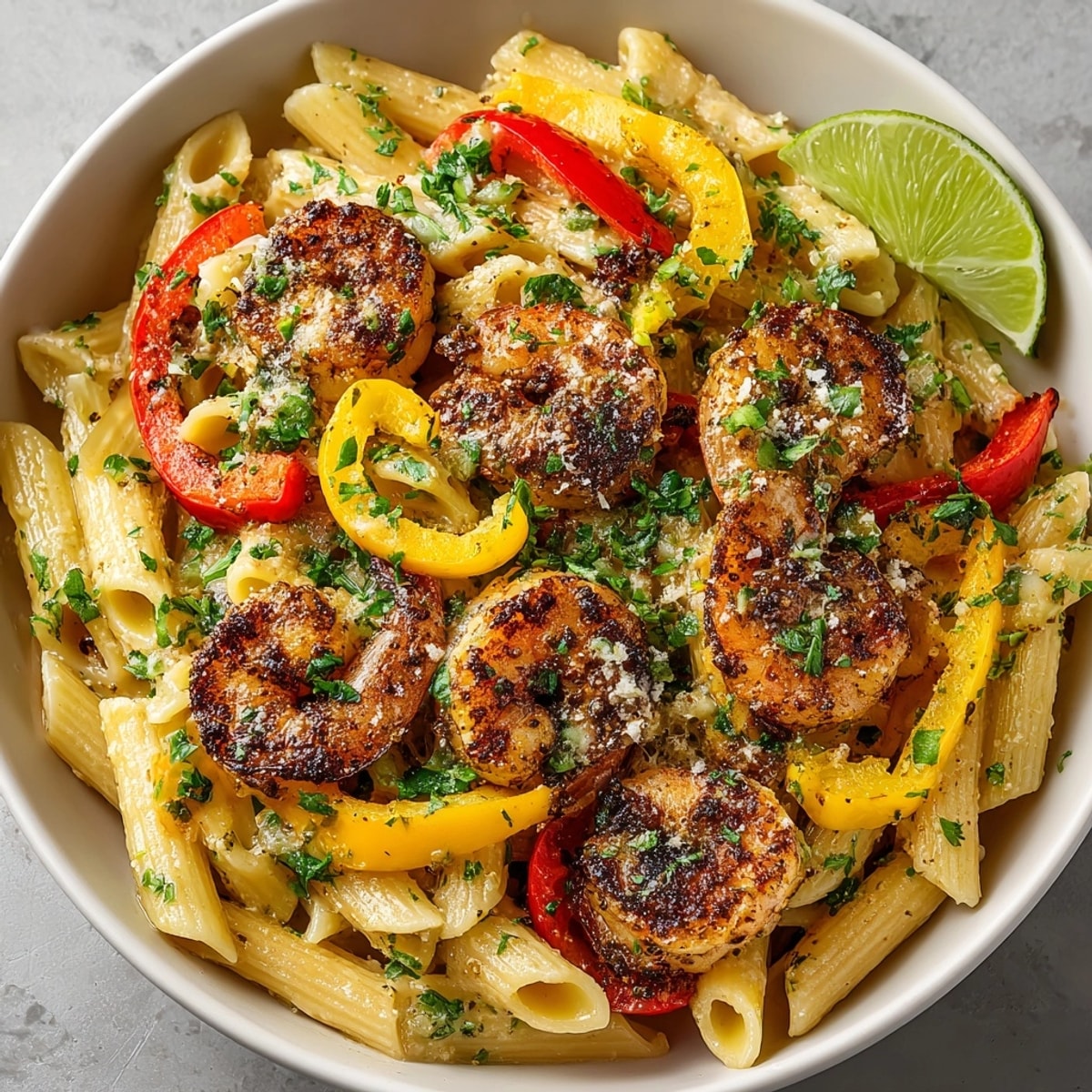 Vibrant bowl of Creamy Jamaican Shrimp Rasta Pasta garnished with fresh parsley and lime wedges