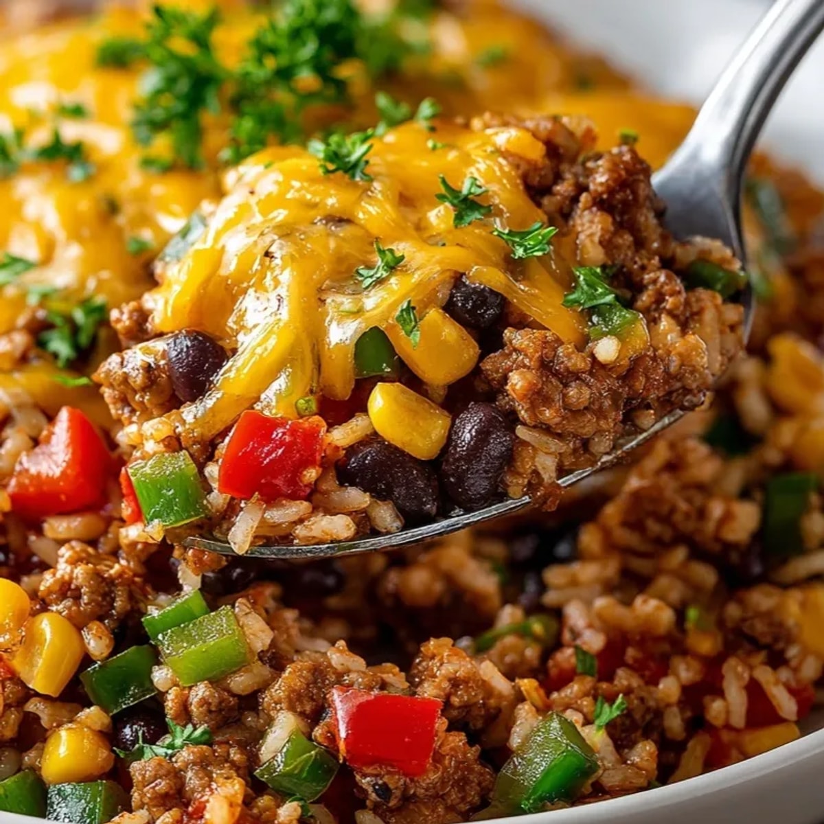 High Protein Unstuffed Peppers with melted cheese, vibrant veggies, and fresh parsley garnish