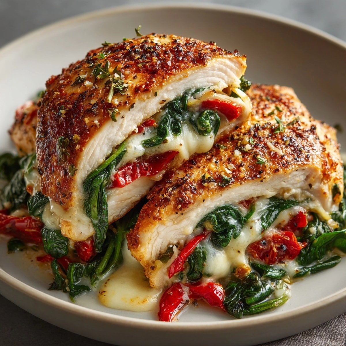 Roasted Red Pepper, Spinach, and Mozzarella Stuffed Chicken sliced open on a rustic dinner plate.