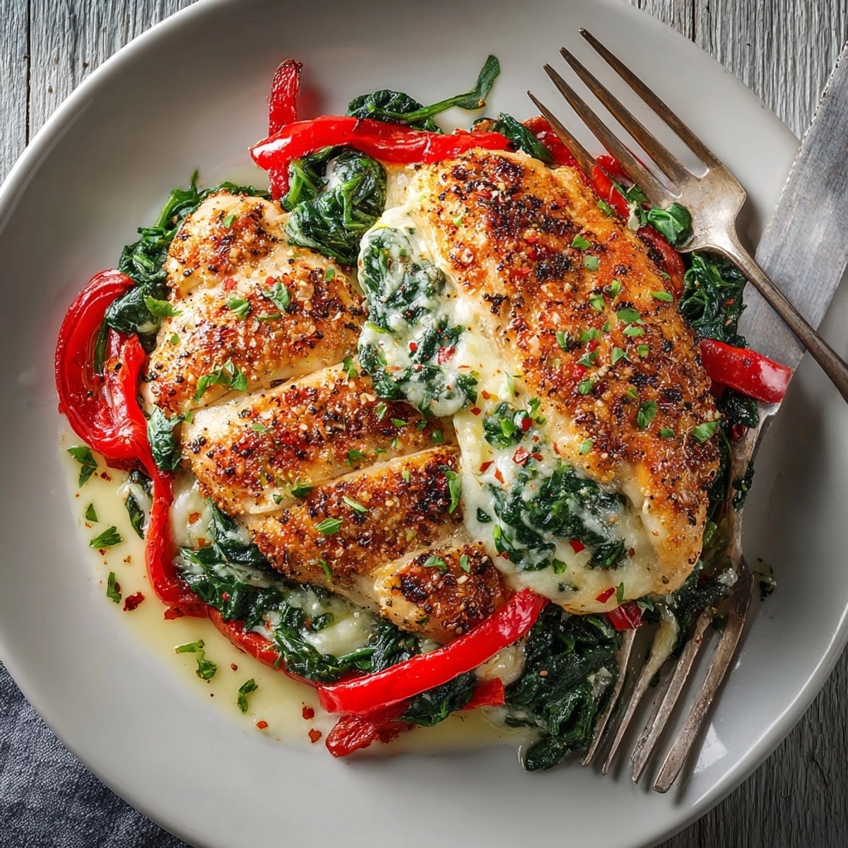 Plated Roasted Red Pepper, Spinach, and Mozzarella Stuffed Chicken served hot with fresh herbs and sides.