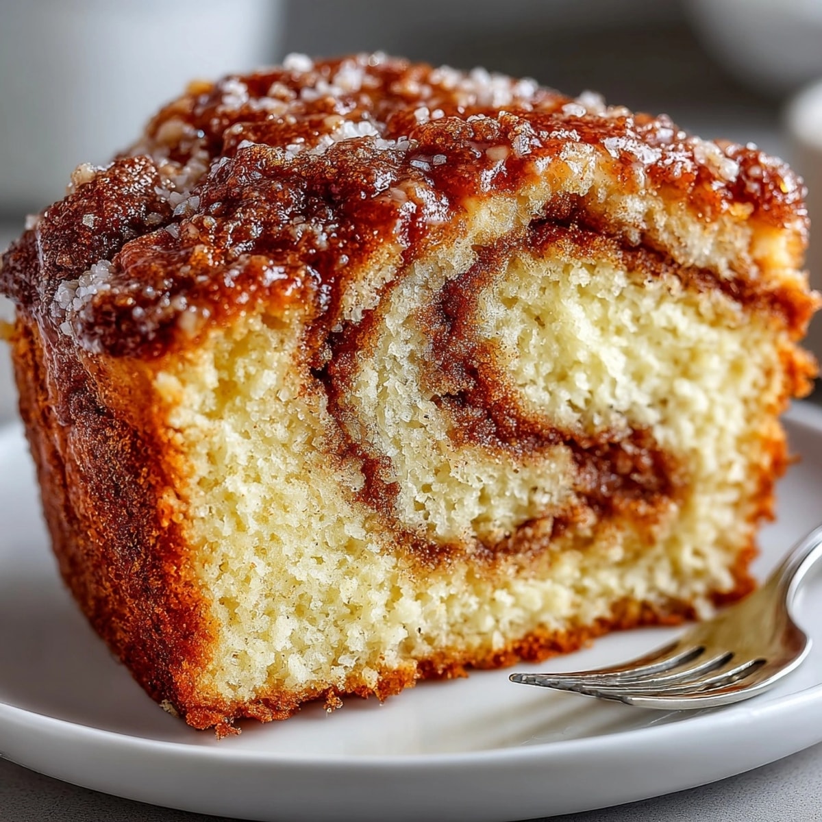 Freshly baked cinnamon donut bread loaf with a golden sugar-coated crust on cooling rack