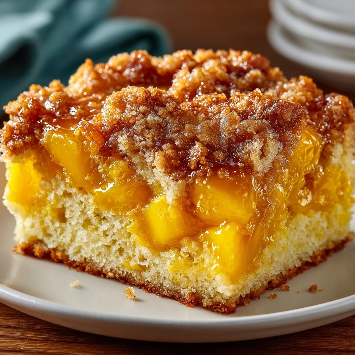 Golden baked Mango Dump Cake with juicy mango chunks and buttery cake topping hot from the oven