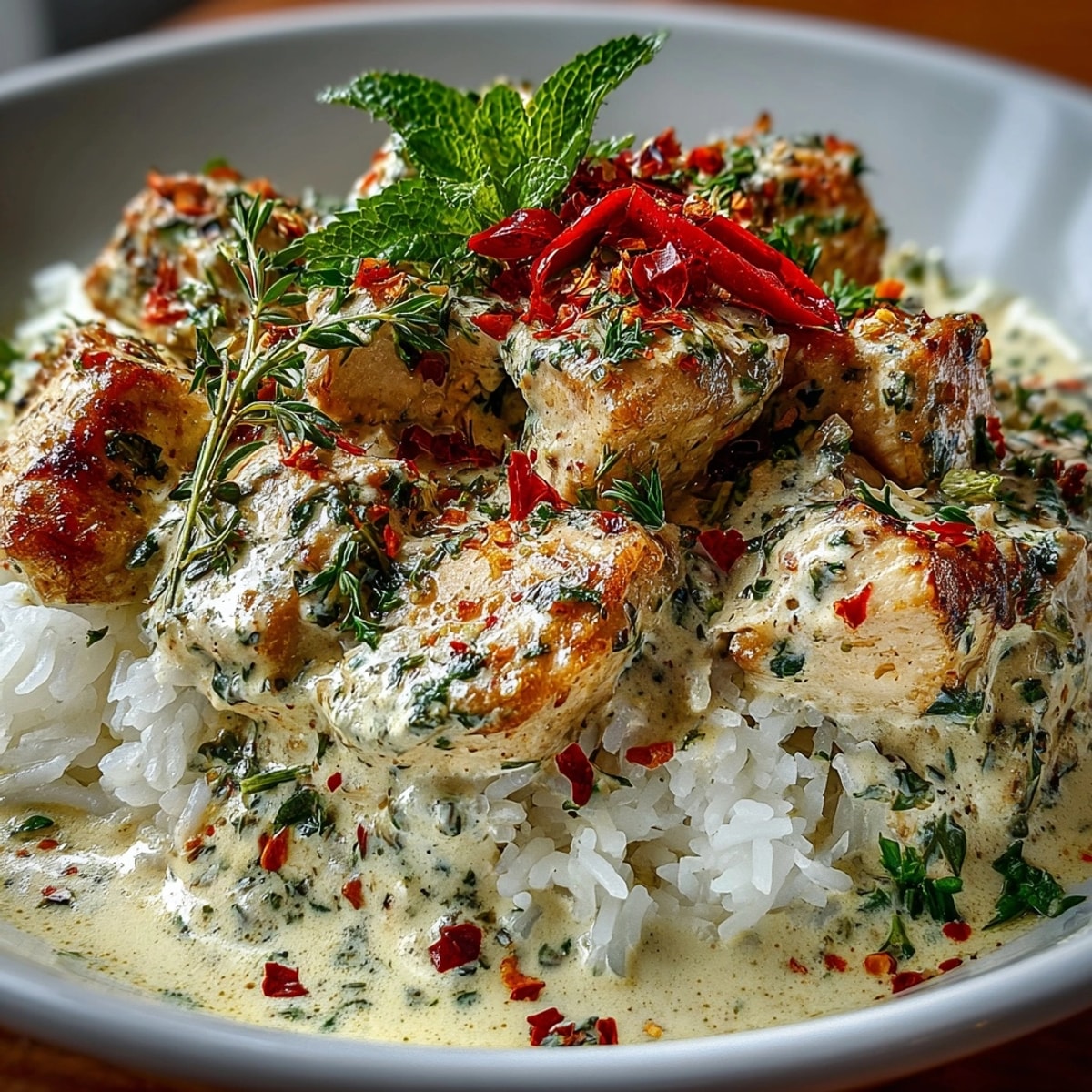 Creamy Herb Chicken & Basmati Rice plated hot, garnished with fresh herbs for dinner.