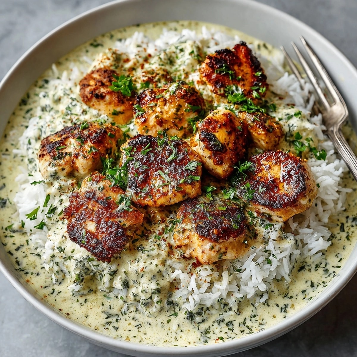 Fluffy basmati rice topped with creamy herb chicken, steaming in a cozy kitchen setting.