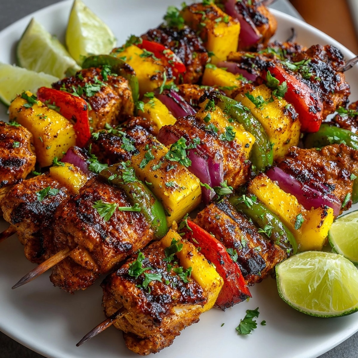 Mango Lime Chicken Skewers sizzling on the grill with charred veggies and sweet mango pieces.