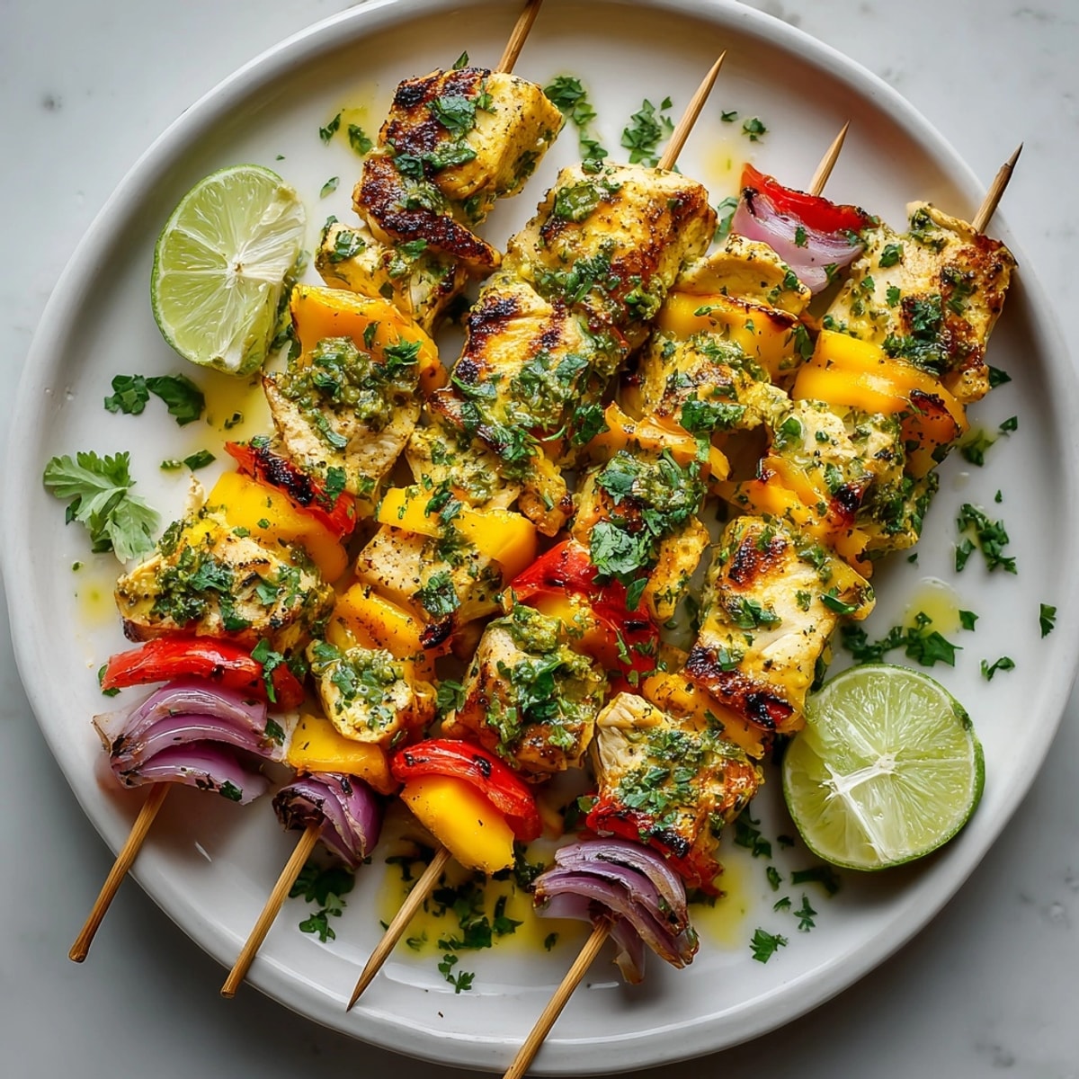 Colorful Mango Lime Chicken Skewers stacked with peppers and onions, perfect for a summer barbecue dinner.