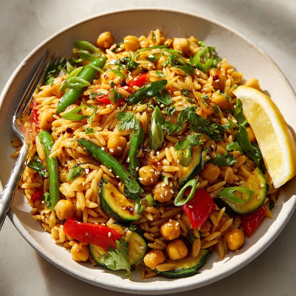 Spicy Garlic Chickpea Orzo Stir-Fry with vibrant veggies, glistening sauce, and herb garnish on plate.