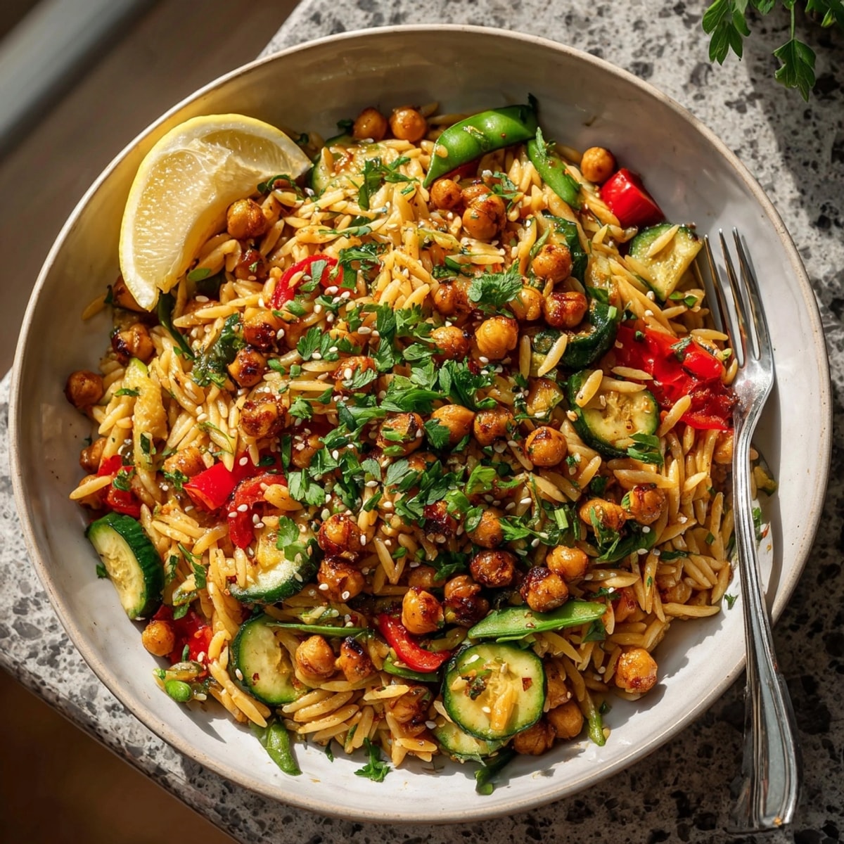 Close-up of Spicy Garlic Chickpea Orzo Stir-Fry, highlighting tenderness of orzo and aromatic garlic sauce.