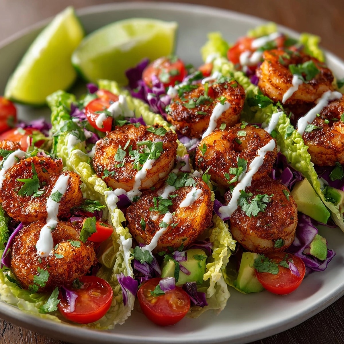 Shrimp taco lettuce wraps filled with seasoned shrimp, colorful vegetables, and fresh cilantro sprigs.