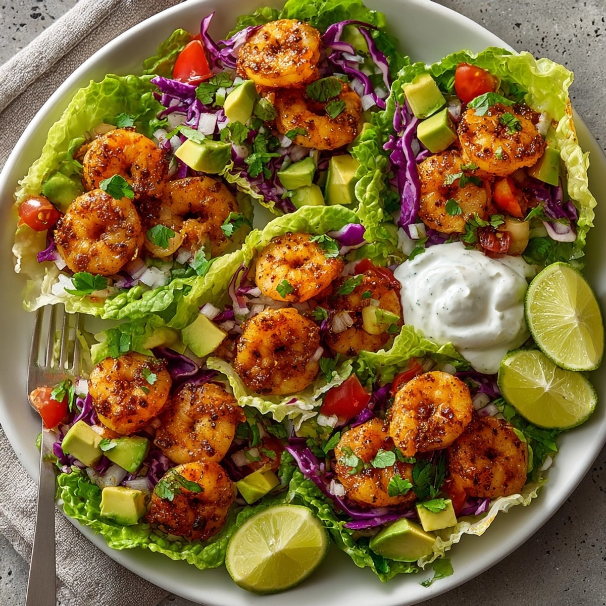 Juicy shrimp taco lettuce wraps served on a platter, garnished with avocado and a lime wedge.