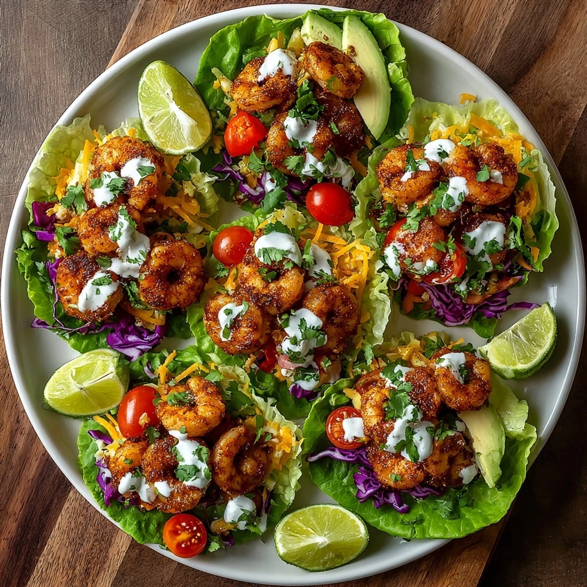 Close-up of shrimp taco lettuce wraps with vibrant toppings, ideal for a light, gluten-free meal.