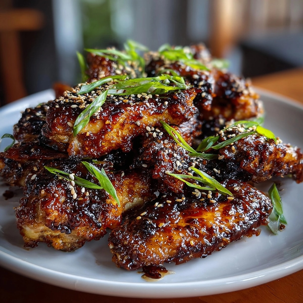 Close-up of glistening Black Magic Bat Wing Chicken Wings, ready for a delicious Halloween feast.