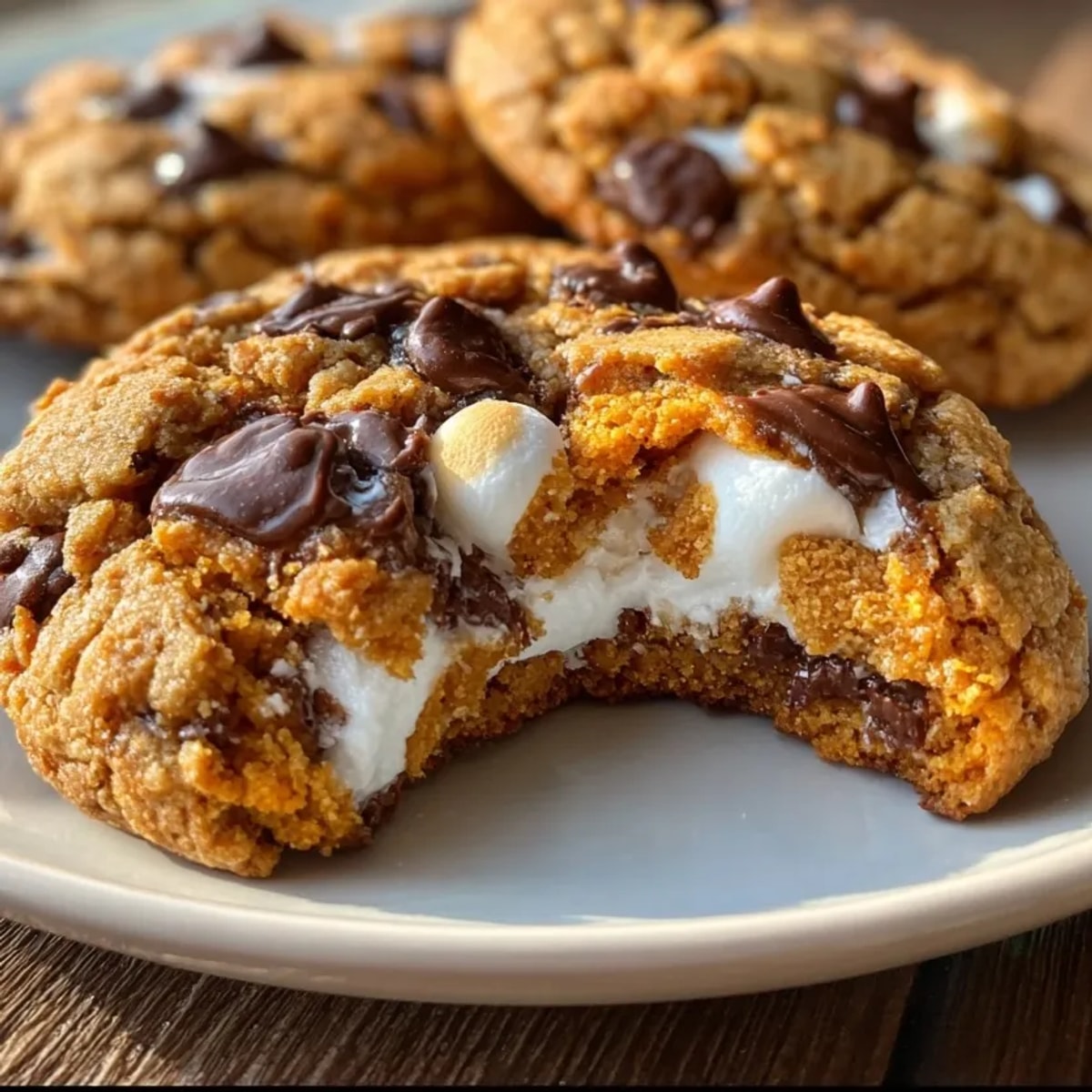 Golden-brown pumpkin s’mores cookies, warm from the oven, with melted chocolate and toasted marshmallows.