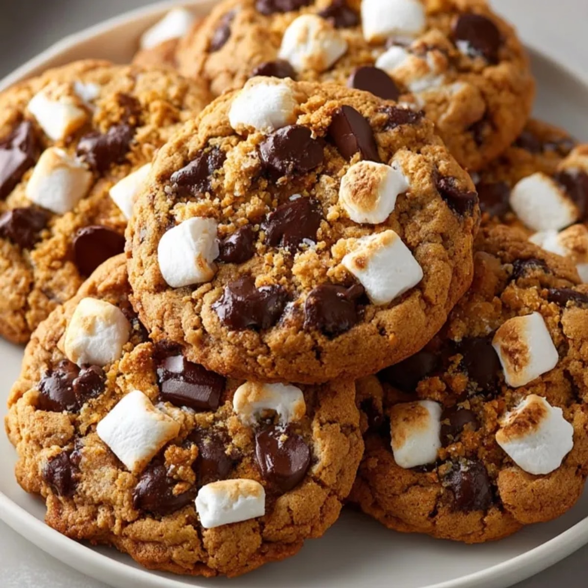 Close-up of a stack of soft pumpkin s&amp;rsquo;mores cookies, hints of cinnamon and graham cracker.