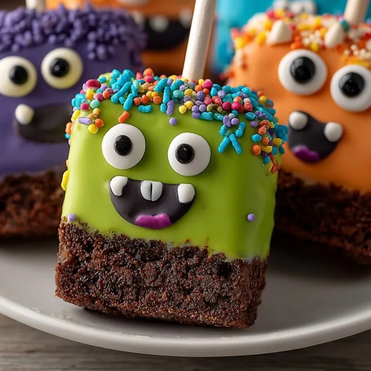 Homemade Monster Brownie Pops with colorful candy melts, candy eyes, and silly smiles.