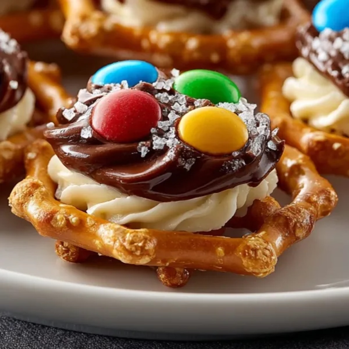 Golden baked Holiday Pretzel Hugs: a warm, sweet, chocolatey holiday treat with festive candies.