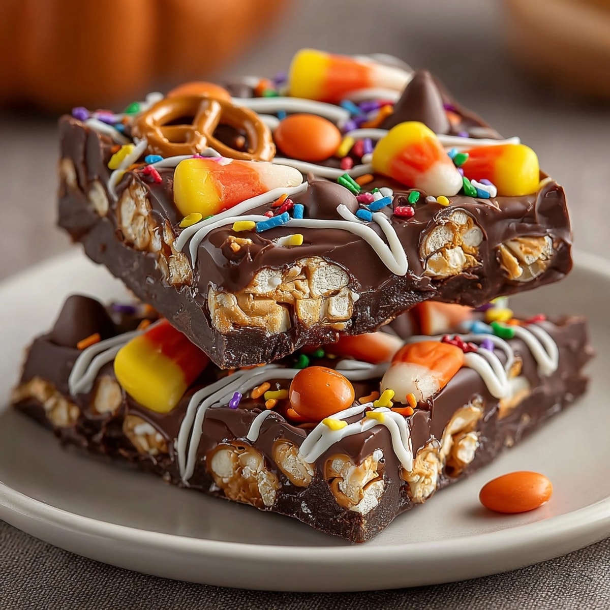 Close-up of festive Halloween Candy Bark, glistening with colorful candies on dark chocolate.