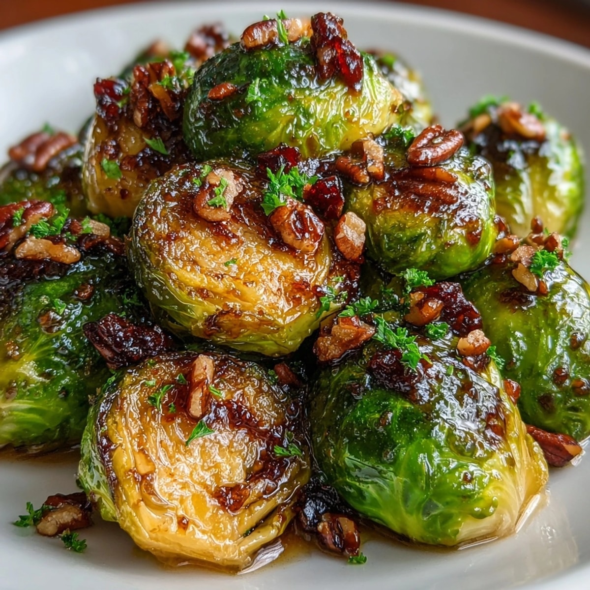 Close-up of glistening Cranberry-Glazed Brussels Sprouts with Pecans, ready for a holiday feast.