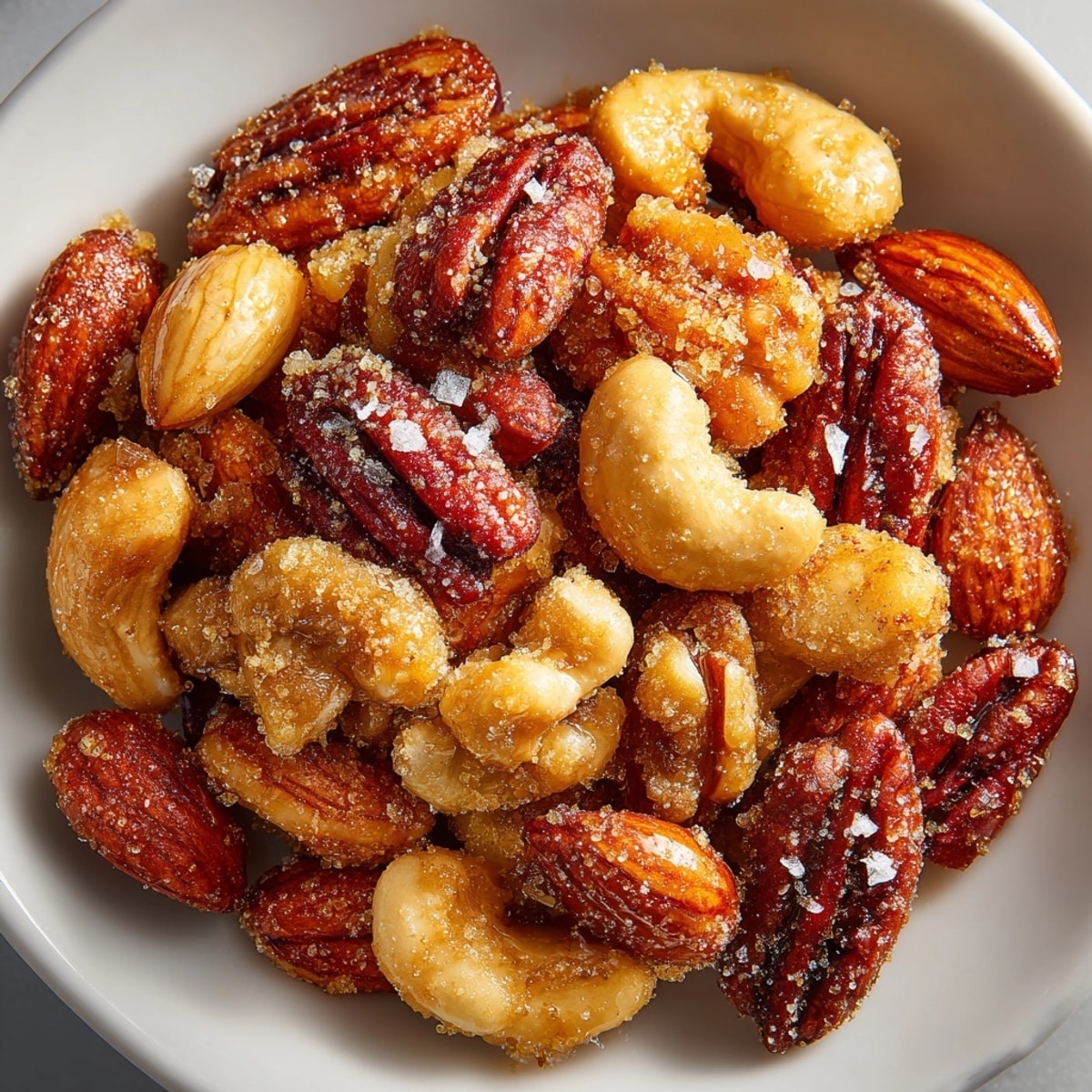 Close-up: glistening Cinnamon-Sugar Roasted Nuts cooling on parchment, a tempting homemade snack.